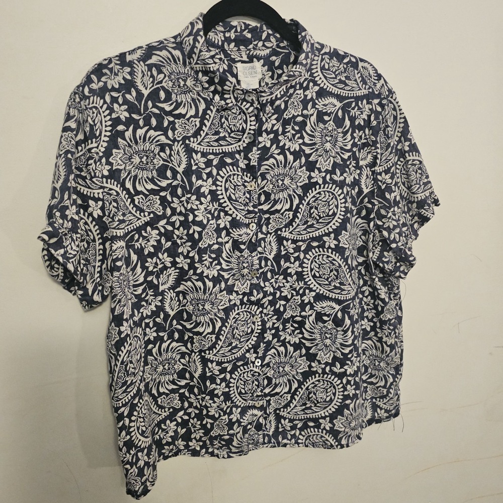 Sigrid Olsen Short Sleeve Linen‎ Top Floral Paisley Button Up Size Large